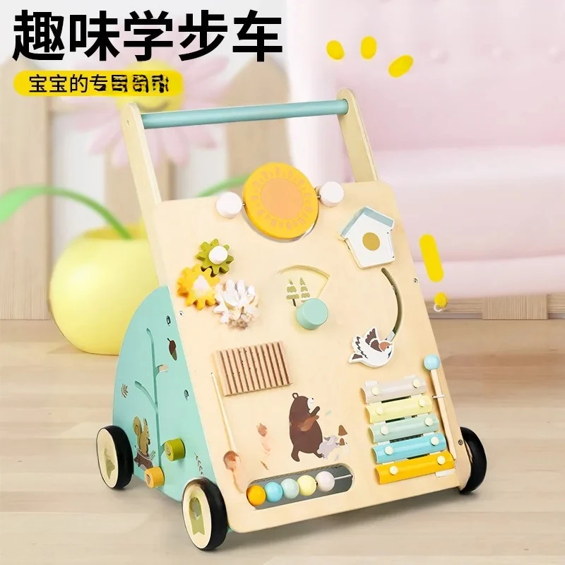Wooden Anti-Rollover Walker Height Adjustment Trolley Puzzle Early Education Walking Aid