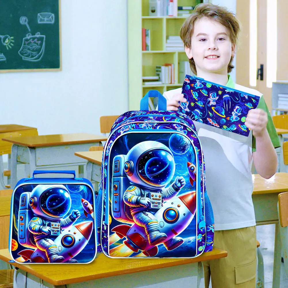 3 قطع حقائب ظهر للأولاد، حقيبة كتب للأطفال مقاس 16 بوصة مقاومة للماء للأولاد، حقيبة ظهر خفيفة الوزن مع صندوق غداء - صاروخ رواد الفضاء #5