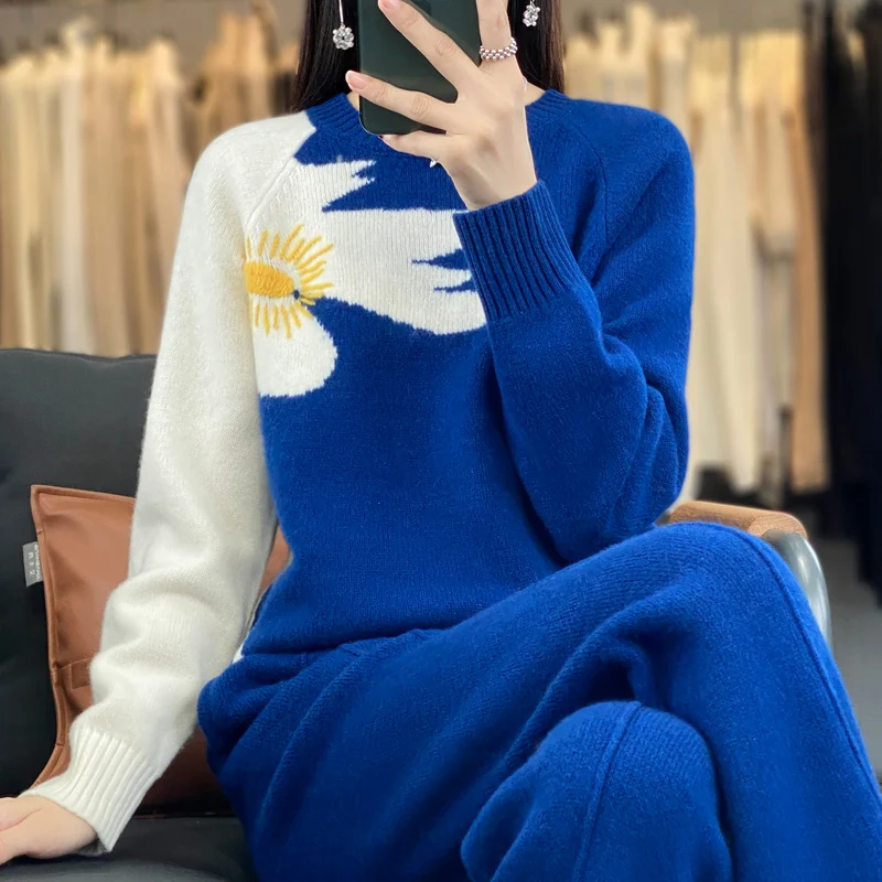 

100% Wool Sweater Fall/Winter Round Neck Color Matching Jacquard Suit Knitted Wide-Leg Pants Fashion Two-Piece Suit Y2k