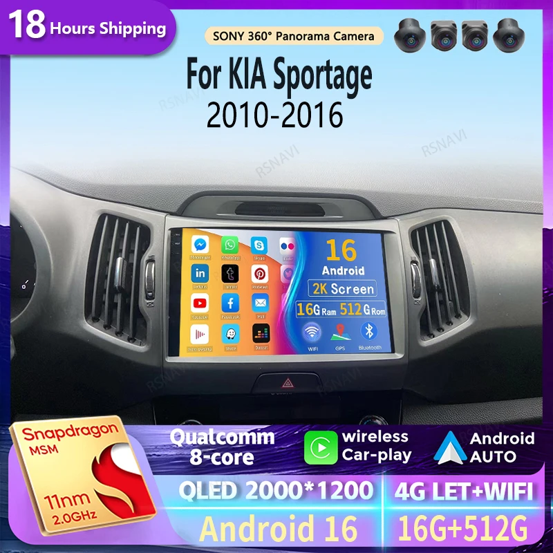 

Android 16 Carplay Car Radio For KIA Sportage 2010 2011 2012 2013 2014 2015 2016 Navigation GPS Multimedia Player WiFi+4G stereo