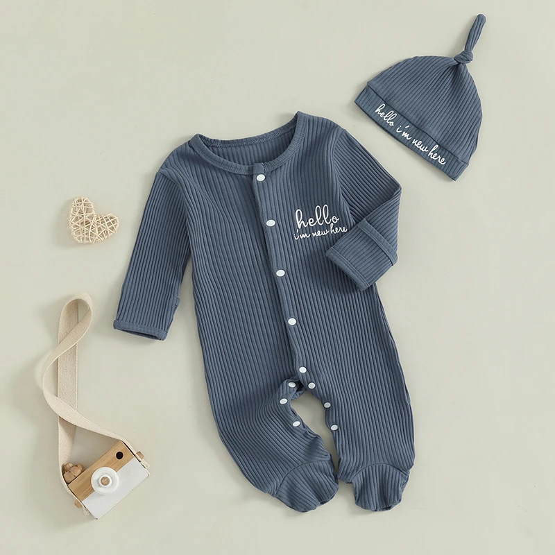 Baby Boy Footie Romper Casual Letter Print Long Sleeve Jumpsuit and Cute Hat Set for Infant Toddler Fall Outfit