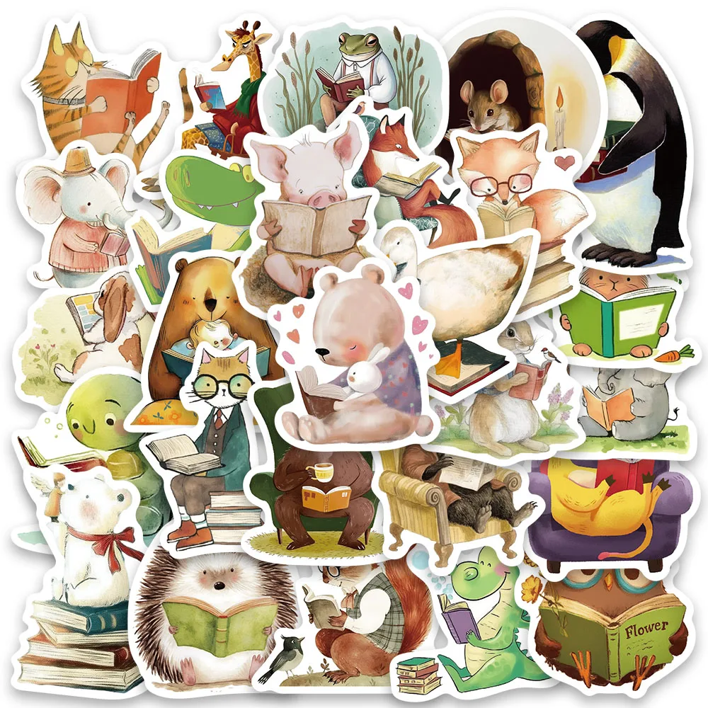 

50pcs Funny Cute Cartoon Animals Reading Book Stickers For Luggage Laptop Guitar Phone Waterproof Graffiti Vinyl Decals