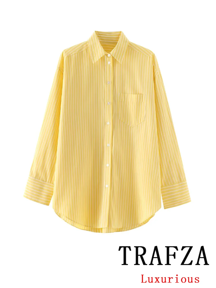 TRAFZA Vintage Chic Striped Women Shirts Turn-down Collar Single Breasted Loose Blouse Fashion 2024 Summer Elegant Shirts Tops