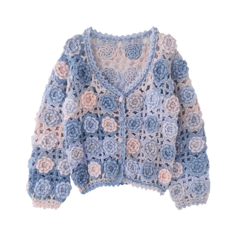 2023 Autumn Winter New Design Knitwear Heavy Industry Manual Rose Crocheted Hollow-out Knitted Cardigan Sweater Top Coat Women