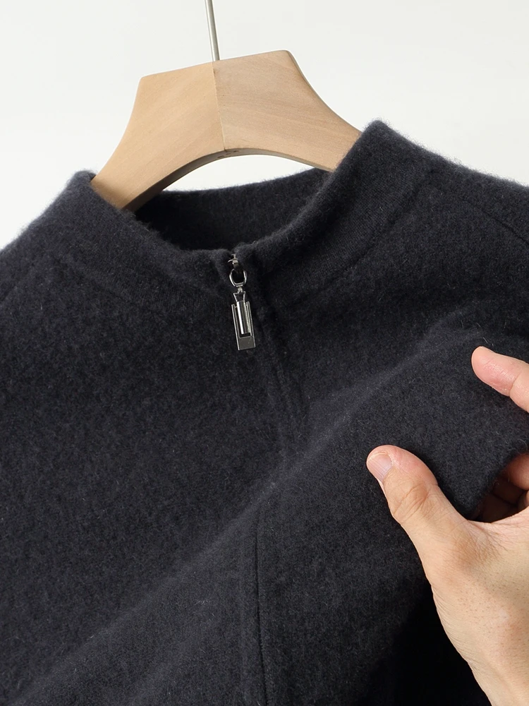 

Autumn Winter Men's Wool Cardigan Zipper Mock Neck Warm Sweater Sport Style Cashmere Jacket 100% Merino Wool Knitwear Tops