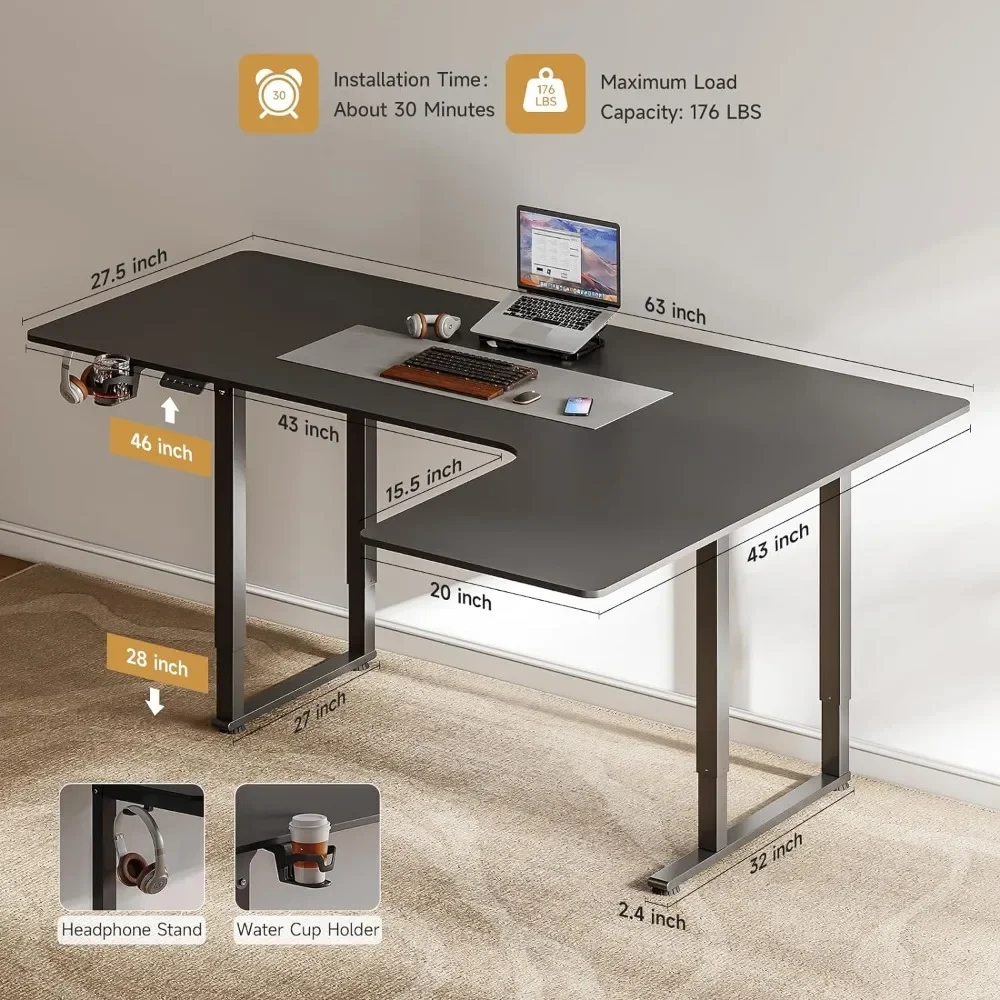 Standing Desk, 63x43 Inches L Shaped Desk with 4 Legs,Electric Stand Up Desk Adjustable Height from 28-46 Inches