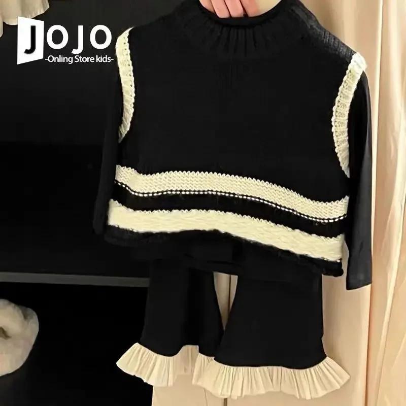 Three Piece Set Girls\' Spring and Autumn Set 2023 New Color Matching Woolen Vest Girl Knitted Bottom Shirt Flare Pants