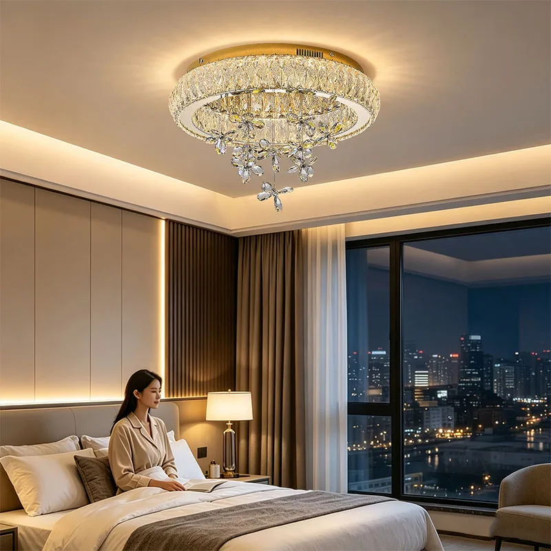 50cm Gold Floral Crystal LED Ceiling Light, 3‑Color Full‑Spectrum Smart Lamp