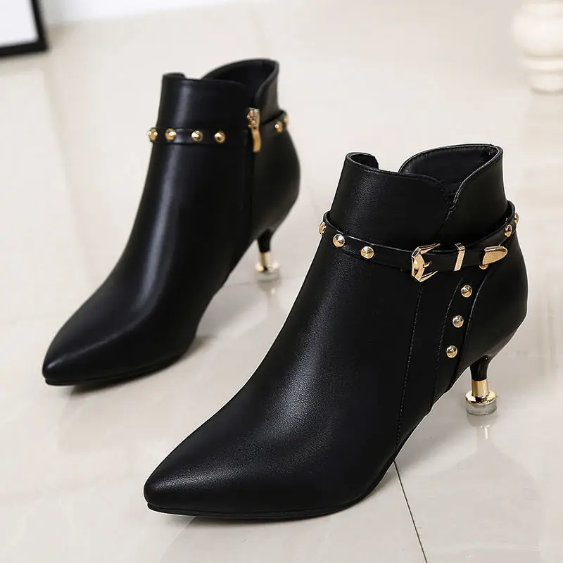 Comemore Booties Woman Winter 2022 Stiletto Pointed Toe Short Boots Women Autumn Korean Style Rivet Ankle Boot Leather Shoes 34