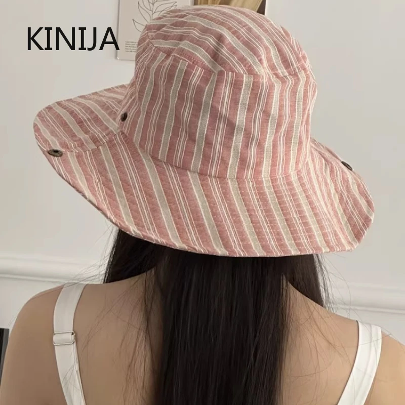 Korean Version of Simple Travel Striped Bucket Hat Women Summer Shading Outdoor Big Eaves Hiking Fishing Cap  Beach Accessory