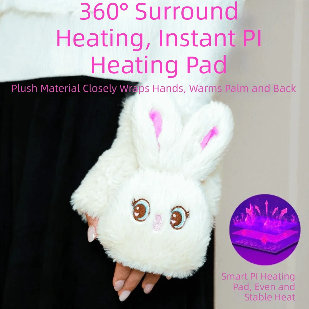 Dual-sided Heating Rechargeable Heated Gloves No Glove Removal Rapid Heating Up Cartoon Plush Hand Warmer 2in1
