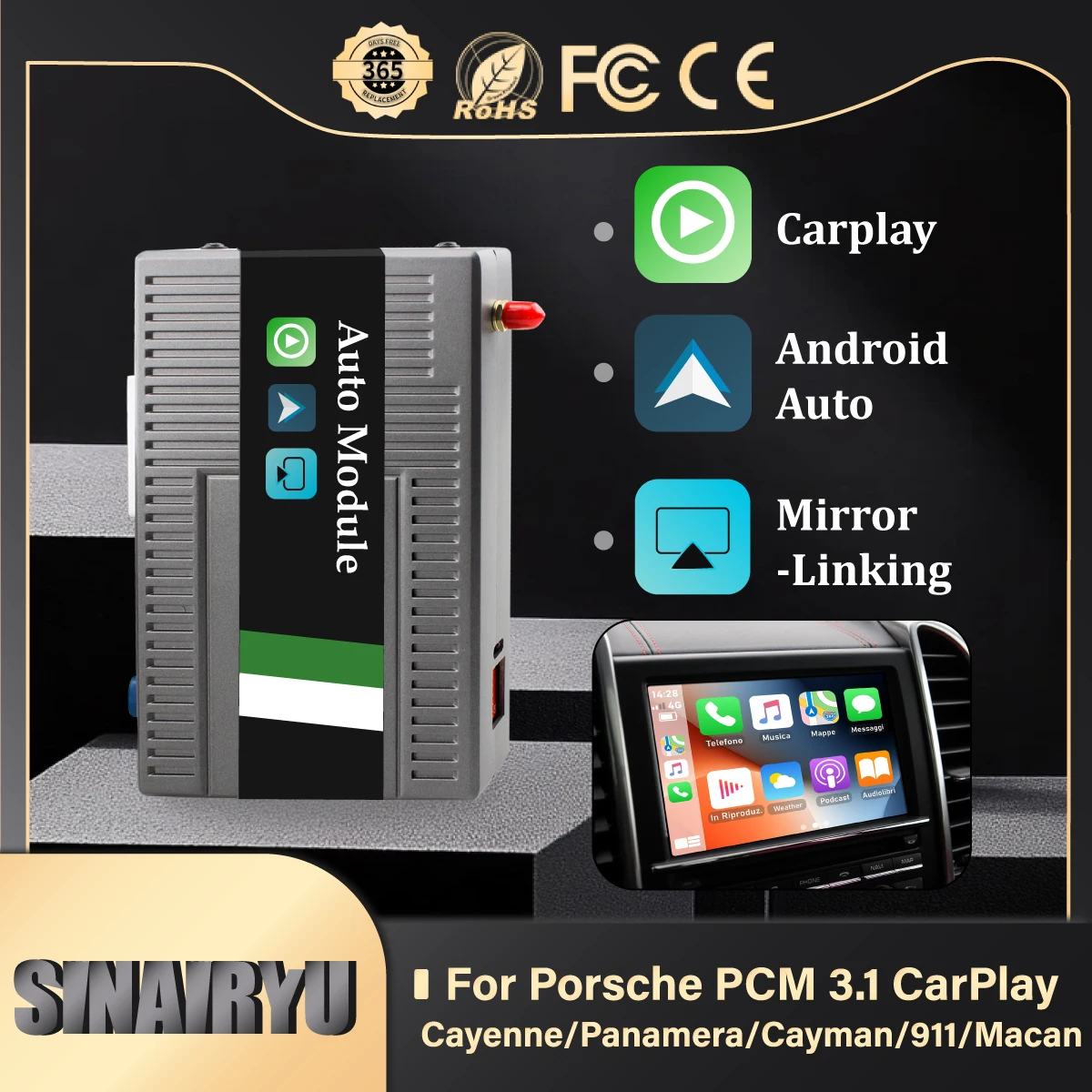 Sinairyu Wireless Apple CarPlay dla Porsche Cayenne Macan Cayman Panamera Boxster 718 911 958 PCM3.1 Android Auto AI Box Mirror