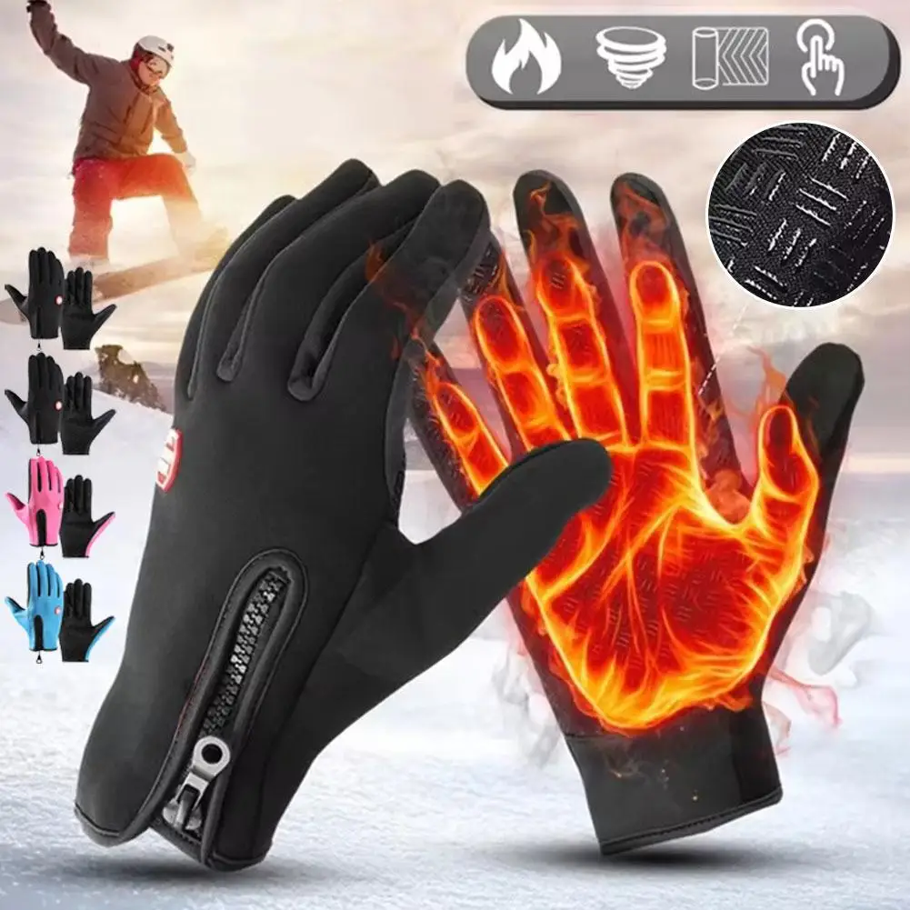 Fleece Cycling Warm Gloves Cycling Hiking Men Women Touchscreen Gloves Anti Slip Zipper Water-Repellent Windproof Skiing Gloves