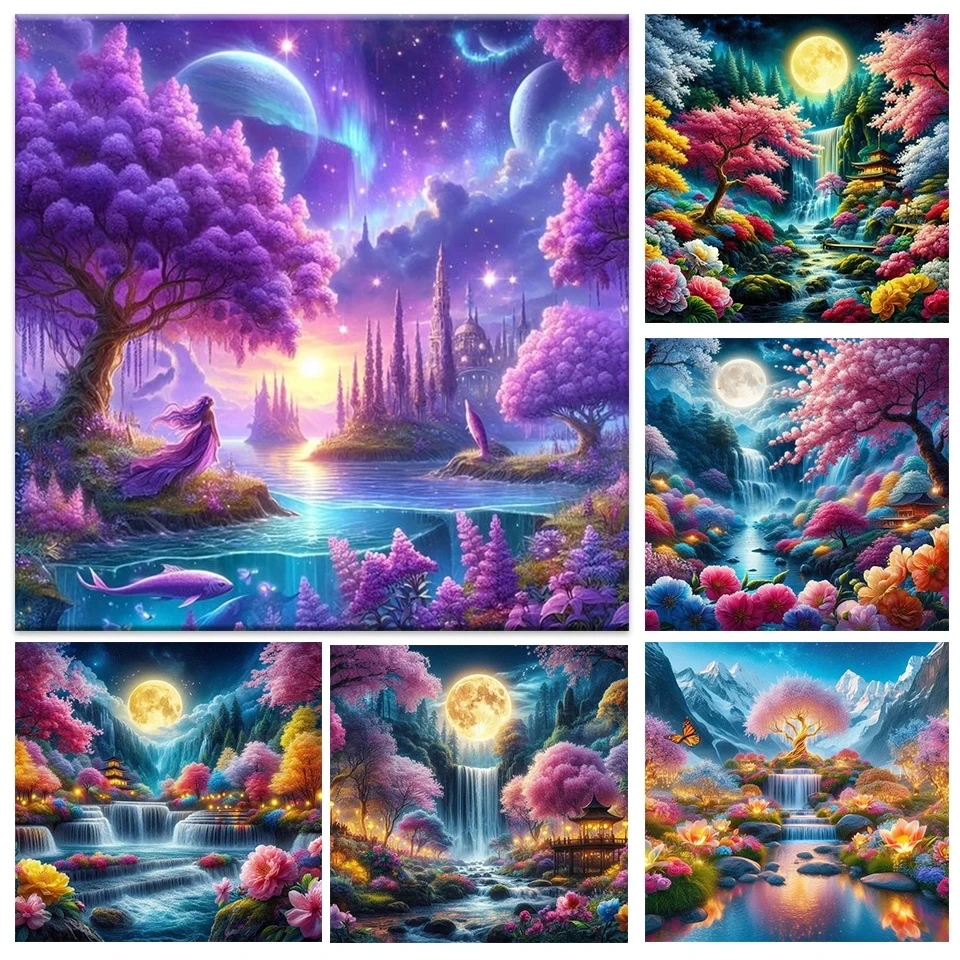 5D Diamond Painting Kits Cherry Blossom Scenery Embroidery Full Square Fantasy Tree Flower Moon Spring Diamond Mosaic Home Decor