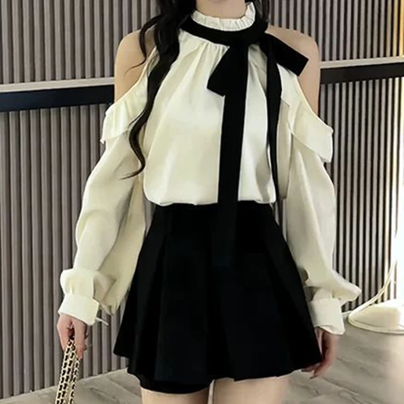 French sweet off-the-shoulder long-sleeved shirt with hanging neck women's spring and summer fashion design sense tie bow top