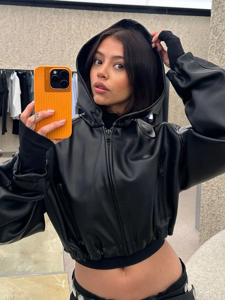 Women Black Glossy Hooded Leather Jacket Chic Full Sleeves Zipper Loose Cropped Coat 2026 New Spring Lady Holiday Travel Outfit
