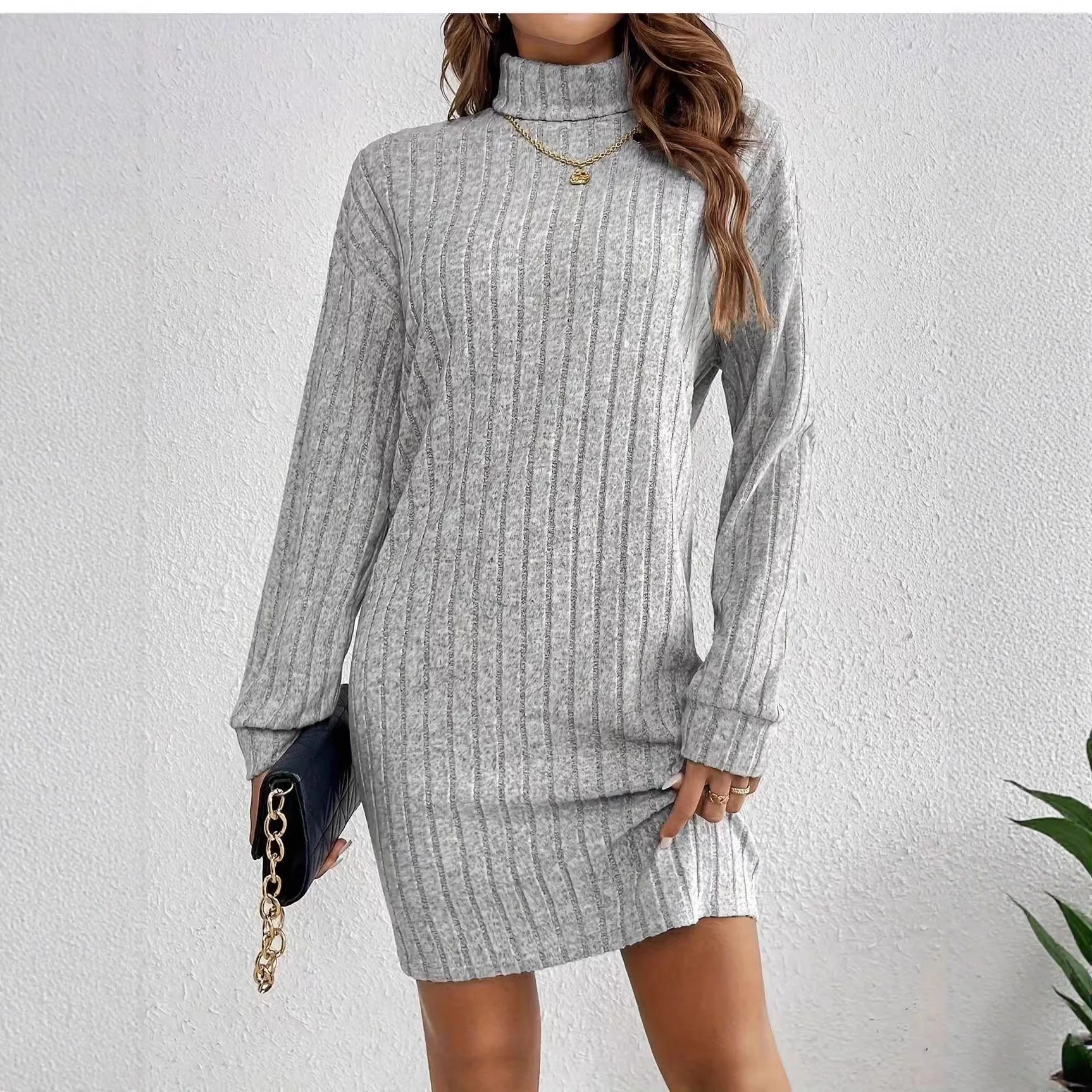 Elegancka sukienka z dzianiny prążkowanej, damska, luźna, z długim rękawem, z wysokim kołnierzem, jesienna sukienka midi, damska, modna, na imprezę, vestidos.