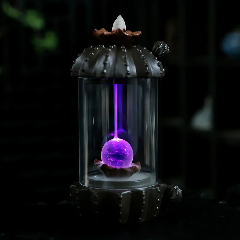 

LED Backflow Incense Burner Cactus Pruple Clay Waterfall Incense Holder Aromatherapy Ornament For Home
