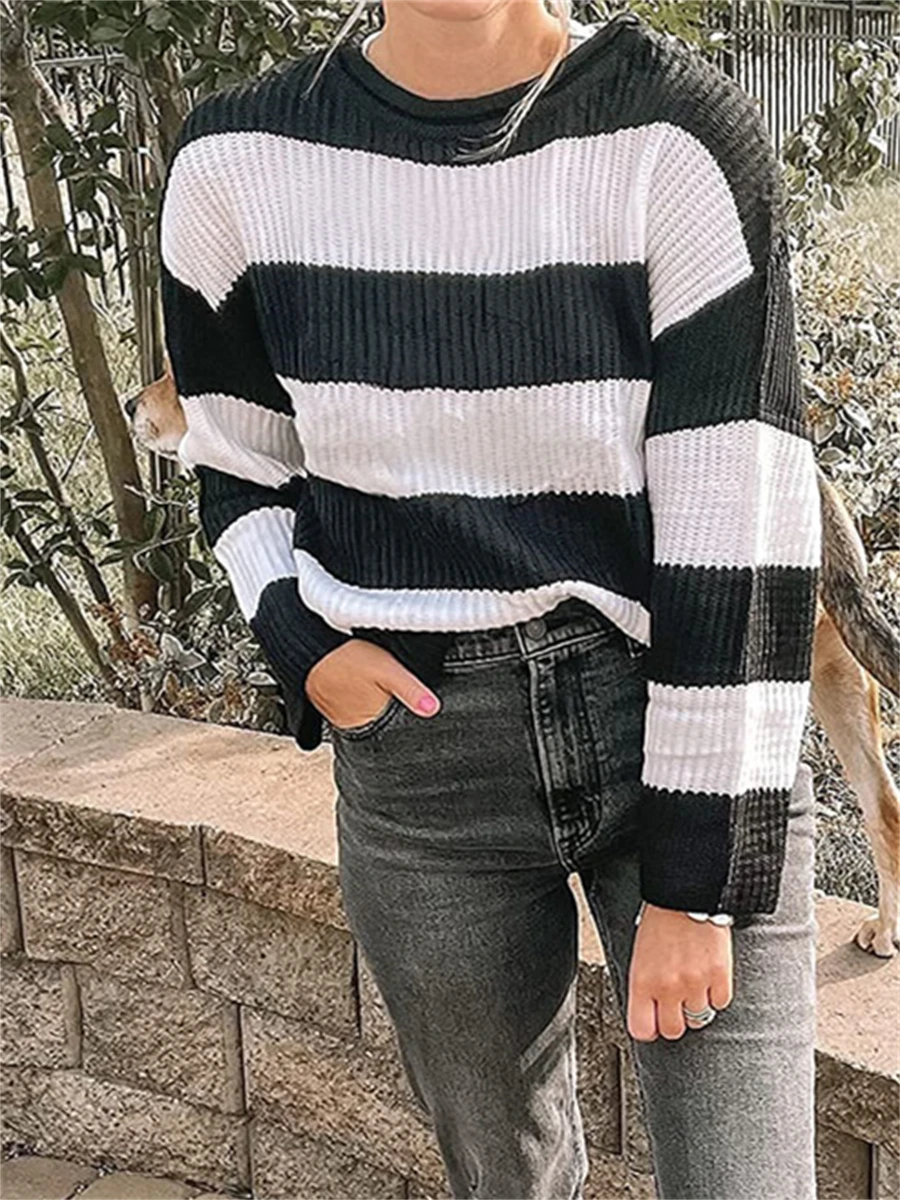 wsevypo Women's Fall Stripe Print Knitted Sweater Casual Loose Cable Knit Long Sleeve Round-Neck Pullovers Baggy Jumper Knitwear