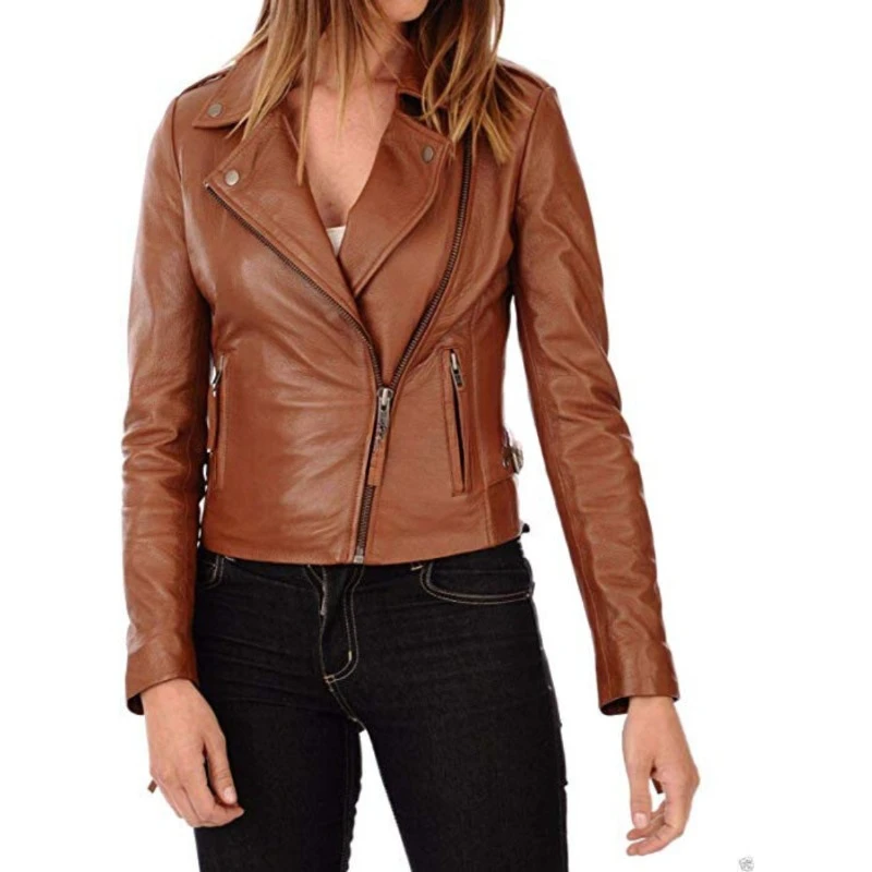 Women's Dark Tan Genuine Lambskin Real Leather Jacket Slim Fitted Coat