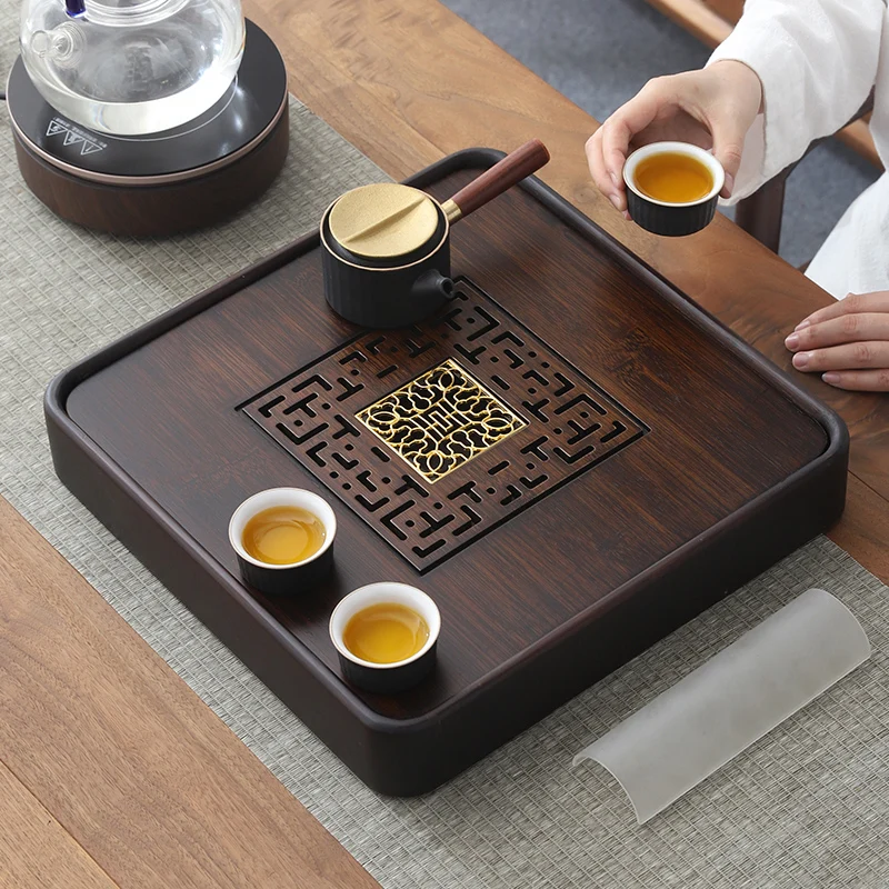 

Bamboo Square Tea Tray, Dual-Purpose Draining Tray, Home Tea-Set Drying Tray, Small Water Storage Teaeaware for Kung Fu-Tea
