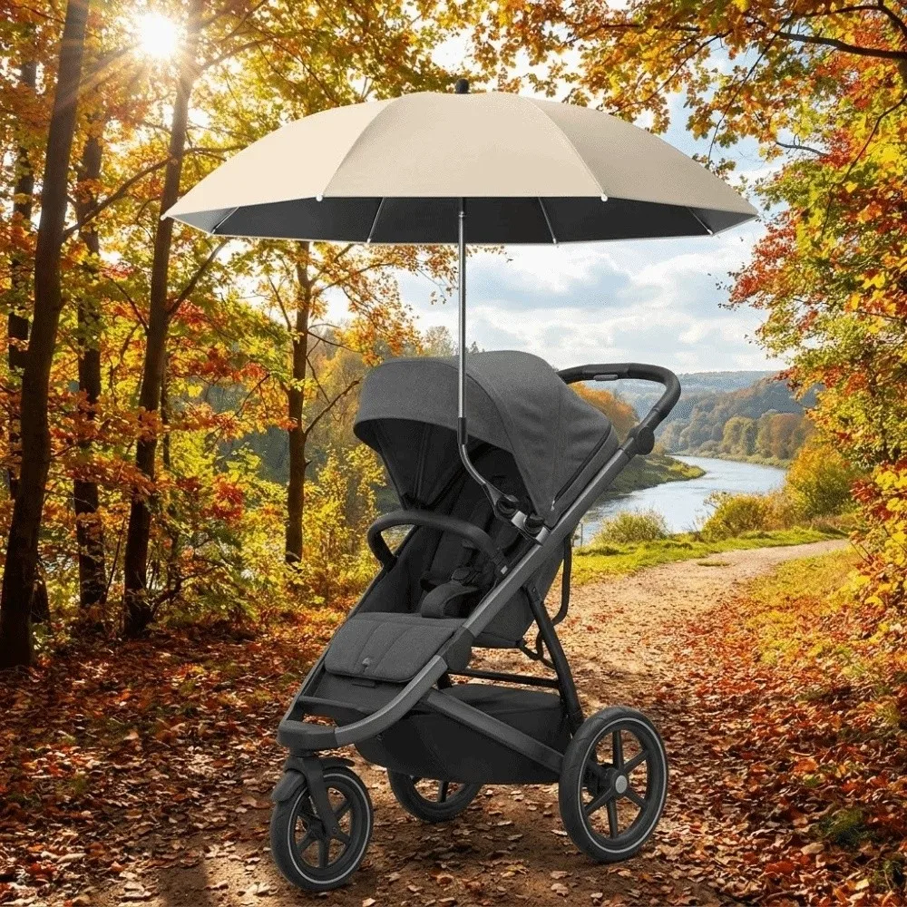 Adjustable UV Protection Umbrella 2-in-1 Design with Clamp Pram Cover Umbrella Rainproof 360 Degree Baby Stroller Umbrella