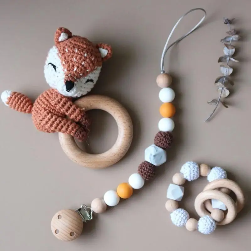 E06F Baby Pacifier Clip Chuỗi Chuỗi nương giả bằng gỗ Vòng đeo tay DIY crochet động vật Teether trẻ sơ sinh