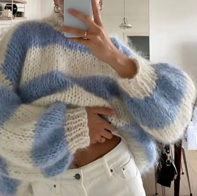 Little Fresh Spring and Autumn New Handwoven Loose Lazy Mohair High Neck Women\'s Knitted Sweater Blue and White Striped Top