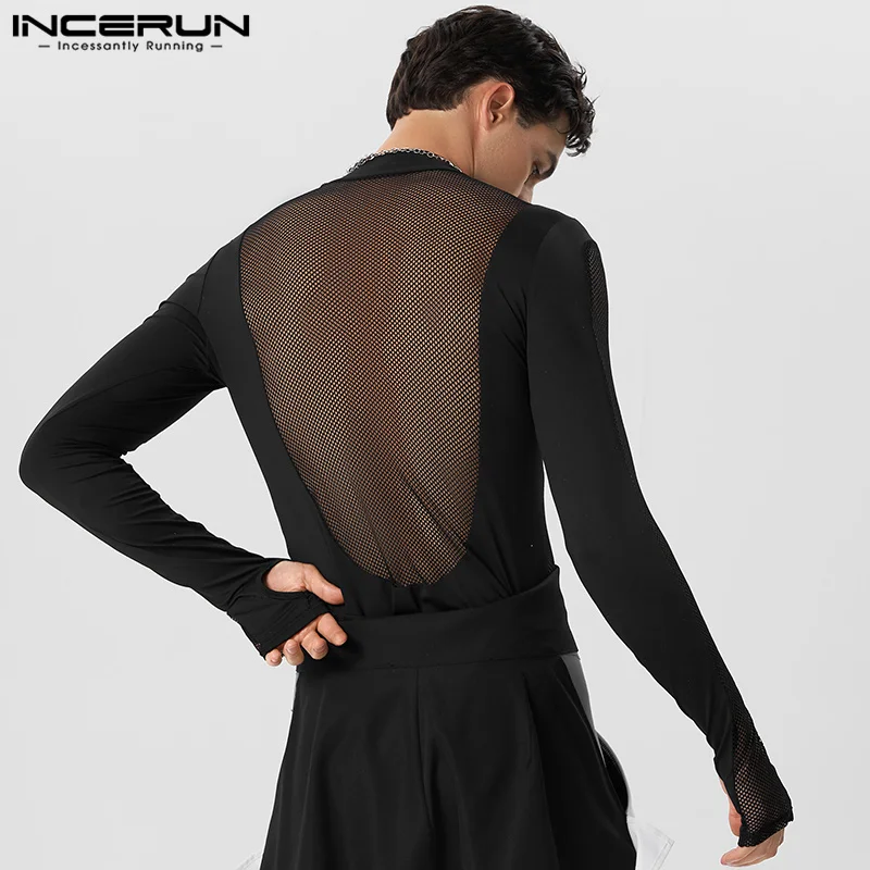 2023 Männer Bodys Mesh Patchwork Roll kragen pullover Langarm sexy Stram pler Männer T-Shirt transparente Fitness Party Bodys Incerun