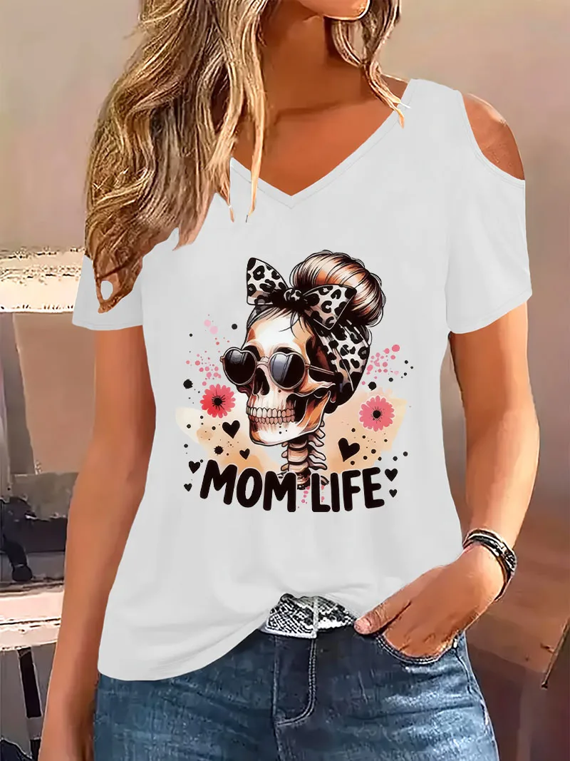 Skeleton Aesthetic Harajuku Vintage V-Neck T-shirt Short Sleeve Graphic V Neck 90s T Shirt Casual Top Summer Women Top Tee
