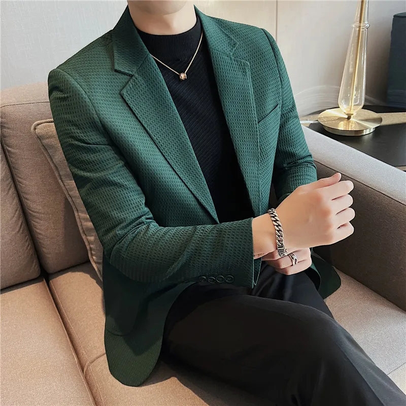 

2022 Autumn New Waffle Slim Fit Blazer Coat Mens Business Casual Suit Jackets Homme Formal Social Groom Wedding Tuxedo Coats