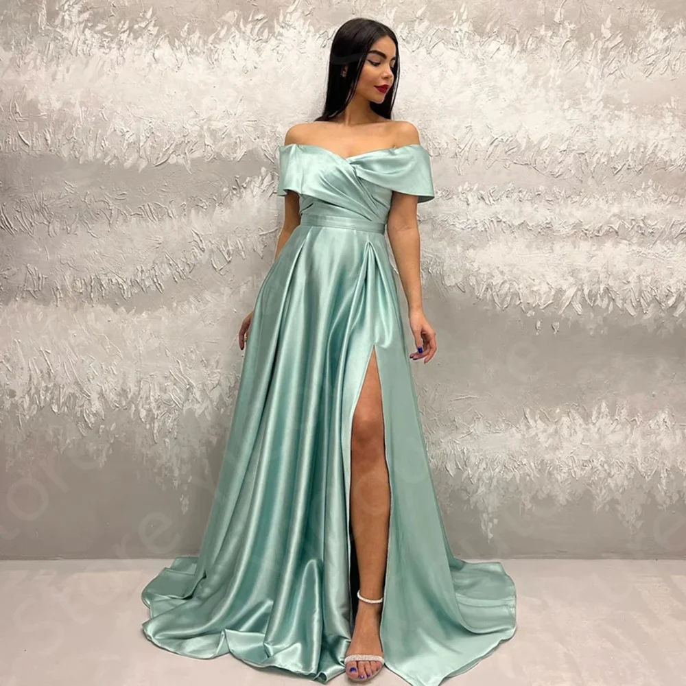 

On Sale Blue Prom Gown 2024 Off Shoulder Evening Dresses Thigh Slit Short Sleeve Birthday Party Dress Sweep Train Robe de Soiree