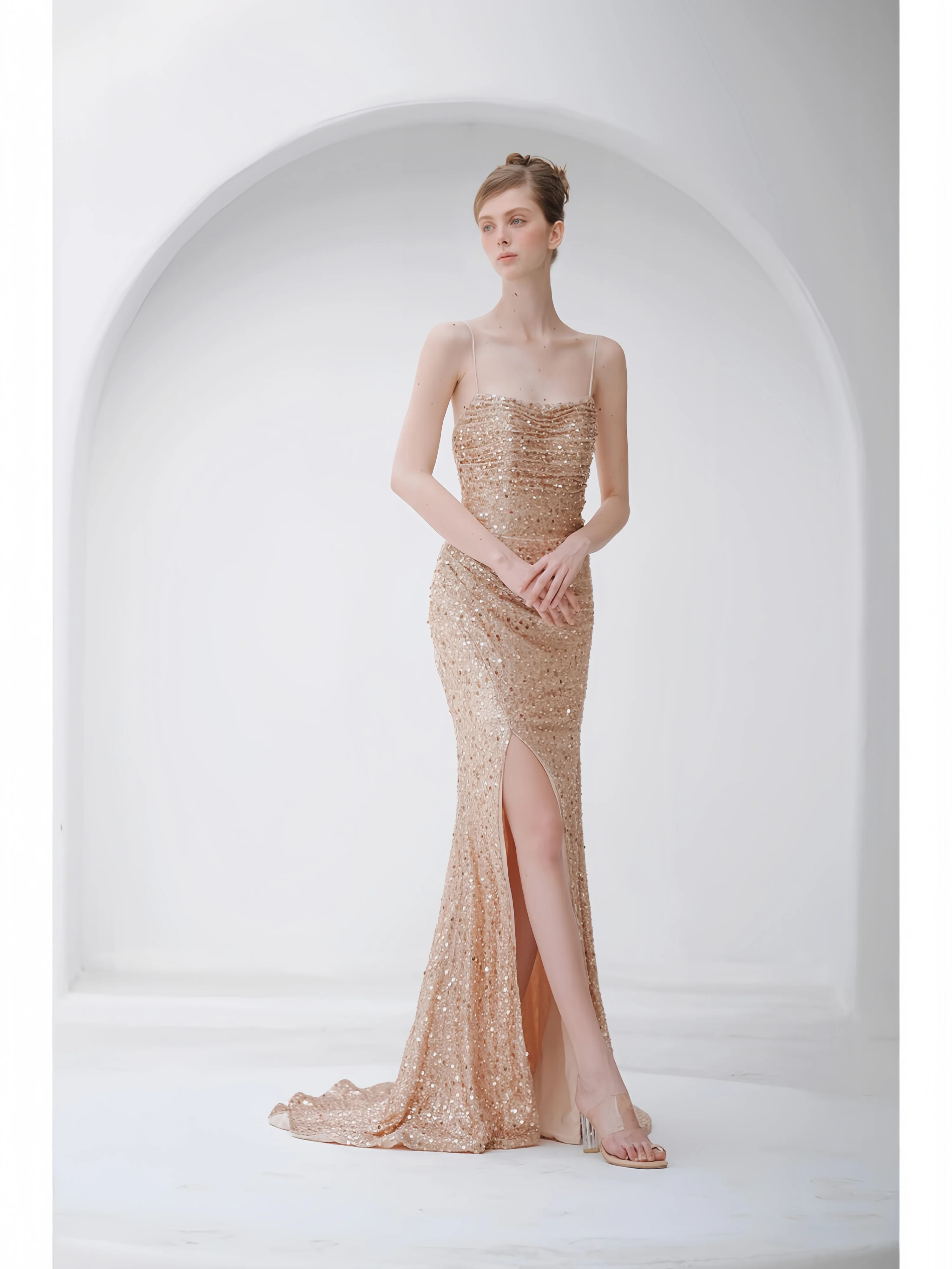 

Sparkling Champagne Evening Dress With Spaghetti Straps With Sequins Sleeveless A-Line Skirt Sexy Side Slit Prom Dress