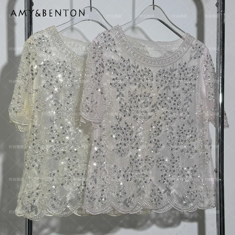 

Sweet Feminine Heavy Sequin Lace Blouse Women's O-Neck Short Sleeves Pearl Decoration Versatile Graceful Sheer Mesh Daily Shirt