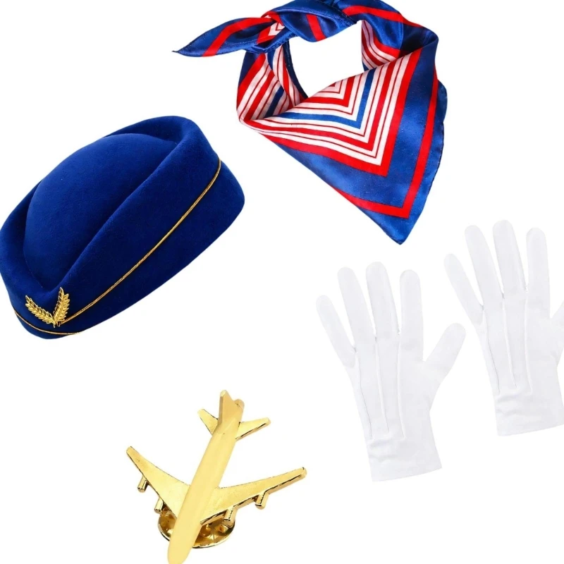 Flight Attendant Costume Hat and Scarf Set with Wing Detail and Combined Hand and Machine Stitching Construction D0UB