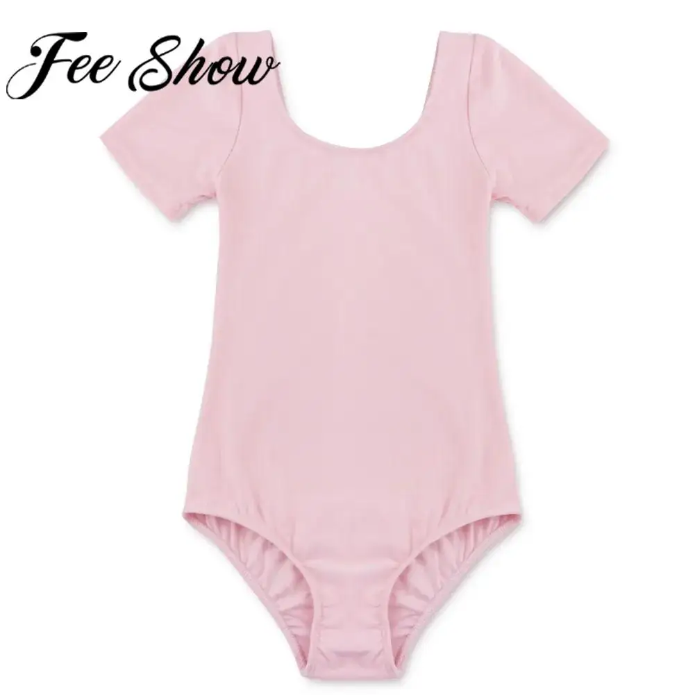 Children Girls Ballet Dance Leotard Short Sleeve Solid Color Stretchy Bodysuit Gymnastics Skating Yoga Ballerina Dancerwear