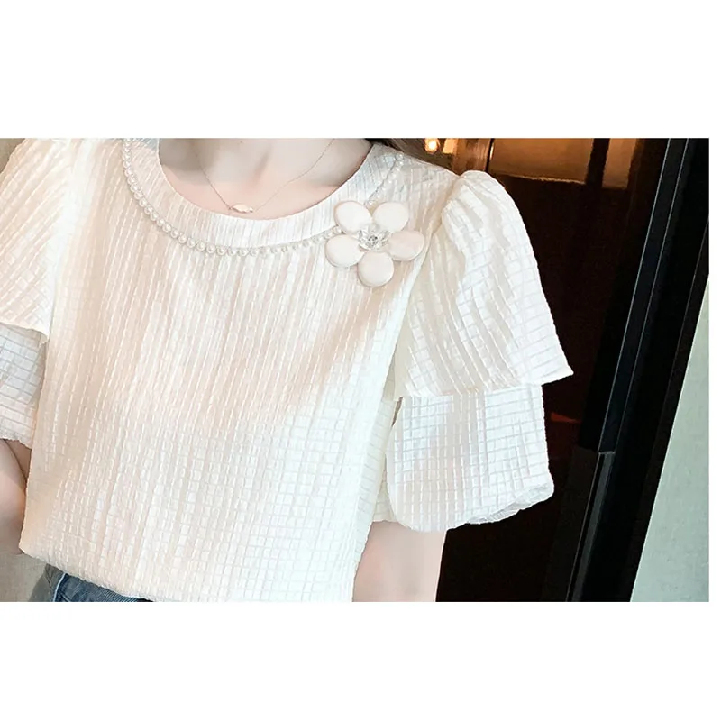 Fashion Short Sleeve O-Neck Women Blouse Casual Beading Chiffon Blouse Shirt Women Tops  Blusas Mujer De Moda 2024 Verano J628