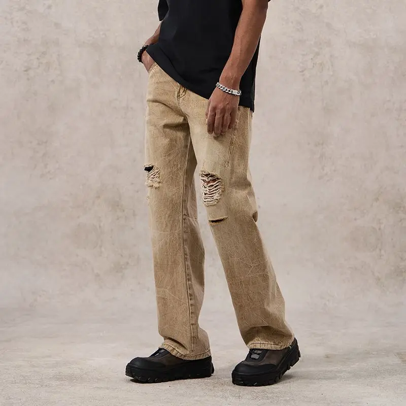 KSTUN 2026 Summer Distressed Jeans Men Ripped Denim Pants Straight Loose Khaki 100% Cotton Denim Tear Jeans Destroyed Trousers