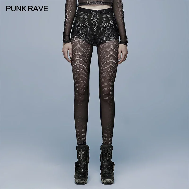 PUNK RAVE Women\'s Gothic Vintage Embossed Skinny Skeleton Print Leggings Mesh Simple Easy Match Black Pants Spring Summer