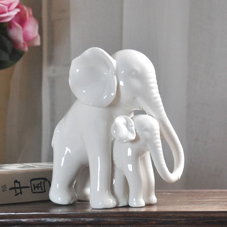 

White Ceramic Elephant Statue for Home Decor, Porcelain Animal Figurines, Mother and Son Ornament, Room Decoration