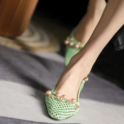 High Heel Summer Shoes Woman Elegant Wedding Party Pumps French Style Vintage Slinbacks Spring Autumn Weave Pumps With Pearls