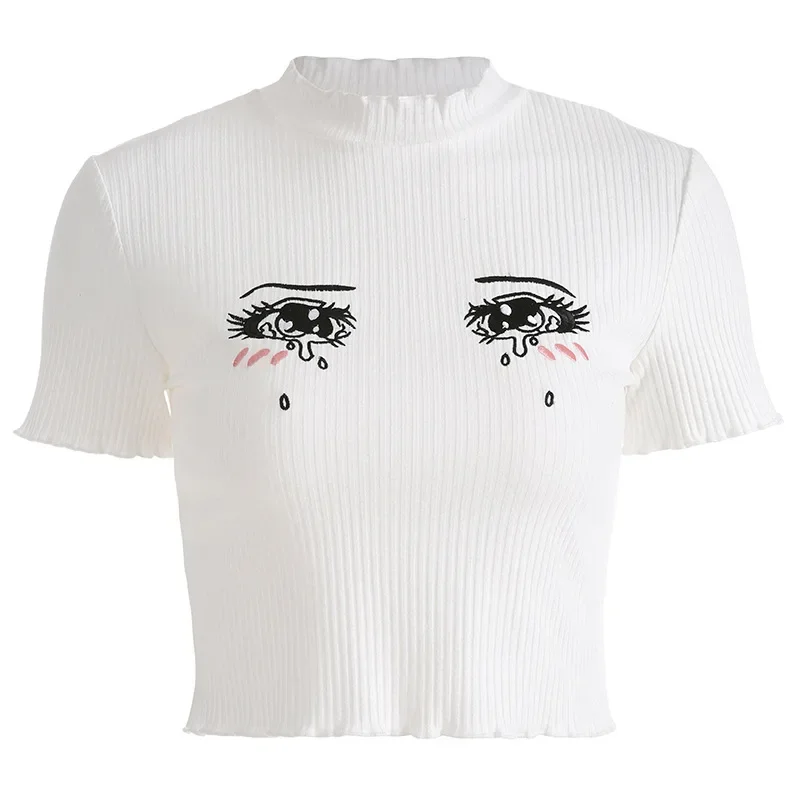 Anime Girls Cosplay Vest Pullovers Cartoon Embroidery Cute Crying Eye Lolita Costume Women Open Navel Thin Short Sleeve