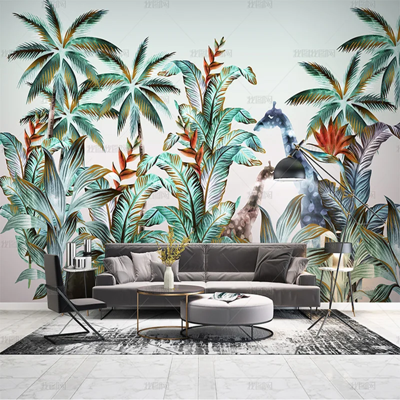 custom 3D Small fresh wallpaper forest tropical plants in Northern Europe giraffe TV living room background wall mural bedroom