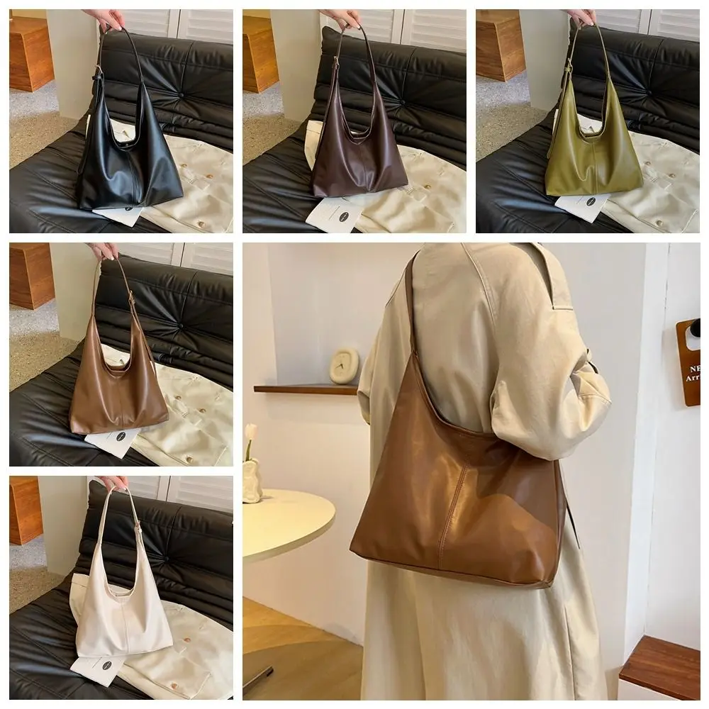 

Korean Style Commute Shoulder Bag Retro Solid Color Pu Leather Tote Bag Minority Design Large Capacity Women's Underarm Bag