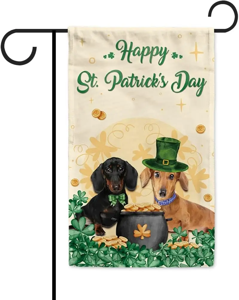 Dachshunds Dogs St Patricks Day Garden Flag Green Clover Welcome Spring Farmhouse Holiday Decor Banner for Outside 12.5x18 Inch