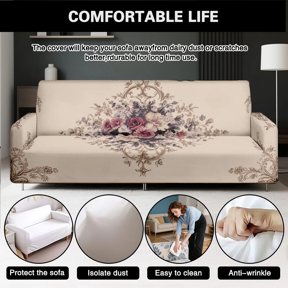 1pc Elegant Vintage Rose Floral Print Stretch Sofa Cover, Removable Washable Couch Slipcover for French Country Home Decor