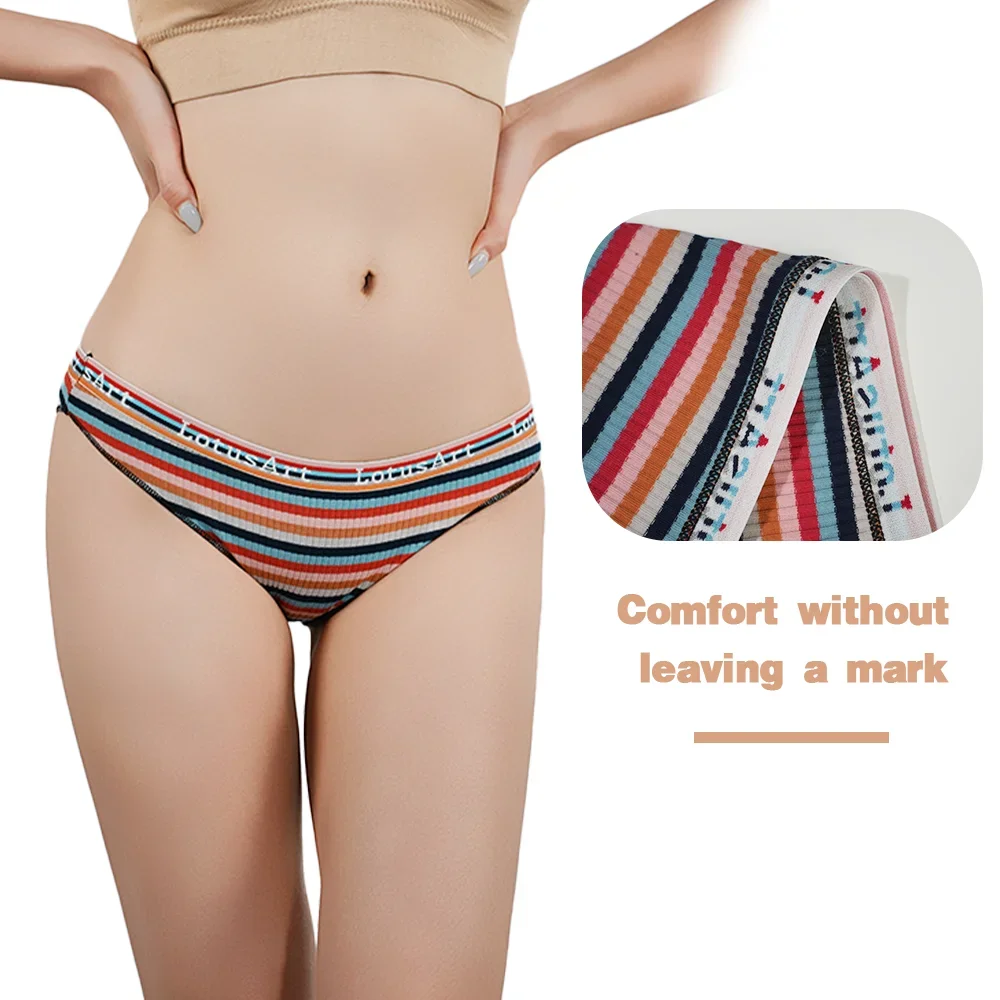 Women Sexy Panties Girls Cotton Rainbow Stripped Briefs Student Breathable Soft Sport Underpants Ladies Low-Rise Waist Underwear