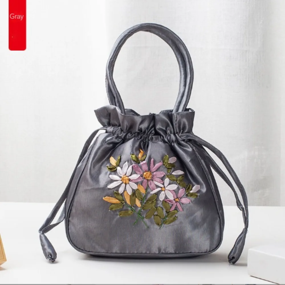 Small Women Bucket Bag Top Handle Ladies Handbag Phone Bag Summer Purse National Style Embroidered Flower Pattern Drawstring Bag