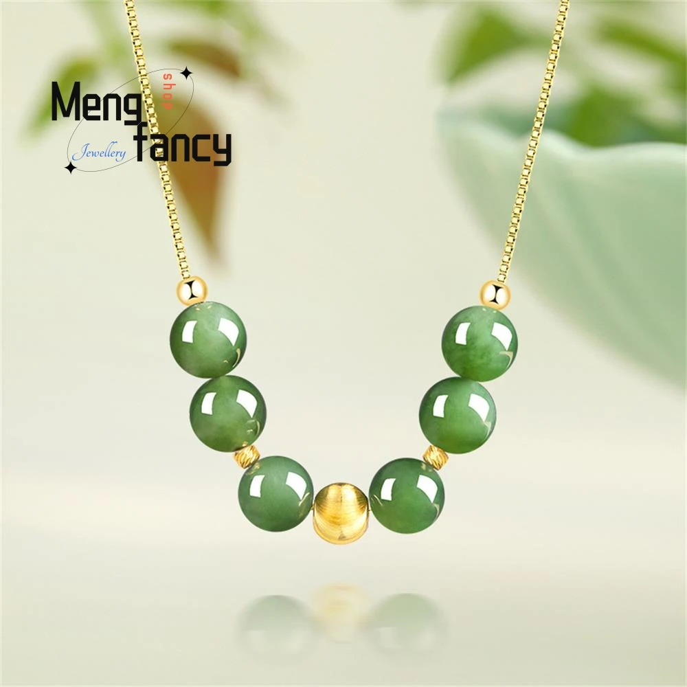 

Spinach Green Old Material Hetian Jade Jasper 6mm Round Beads Lockbone Chain Pendant S925 Silver Natural Jade Women Necklace