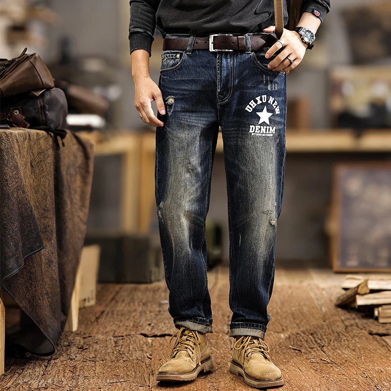 Amerikanische Modemarke Bedruckte Jeans für Männer Herbst Winter High Street Hooligan Hübsche gewaschene schlanke gerade lässige Denim-Hosen